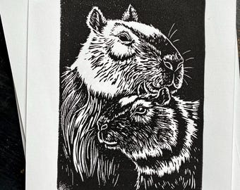 Linocut Capybara Couple Print: Black & White Carpincho Wall Art