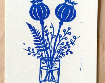 Poppy Pods Flowers Vase Linocut Handprinted Royal Blue