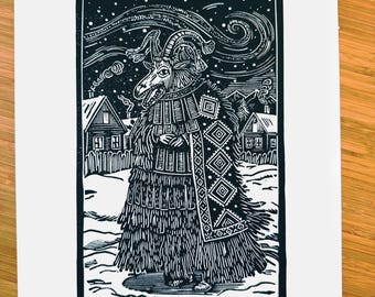 Romanian Folk Goat's Dance Linocut Print | Pagan New Year Art