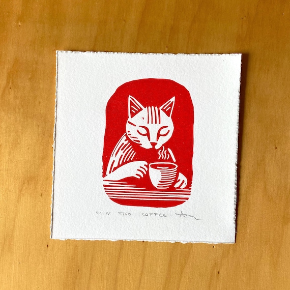 Red Cat Coffee Print: Handmade Linocut Illustration