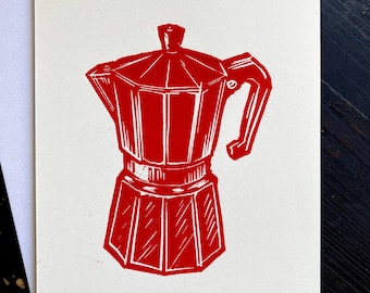 Moka Pot Linocut Print: Handprinted Coffee Art, Red Kitchen Decor