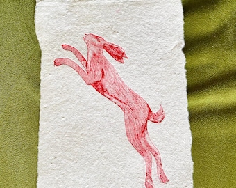Leaping Hare Collagraph Print: Red Rabbit Etching, Limited Edition