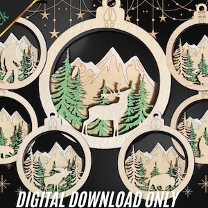 May include: Seven pack of laser cut wooden ornaments featuring a mountain scene with various animals. The ornaments are round and have a brown wood finish. The animals include a bear, a deer, a moose, and a Bigfoot. The text "DIGITAL DOWNLOAD ONLY" is at the bottom of the image.