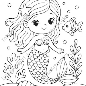 May include: A black and white line drawing of a mermaid with long flowing hair, a star on her head, and a fish tail. She is surrounded by seaweed, seashells, and a small fish.