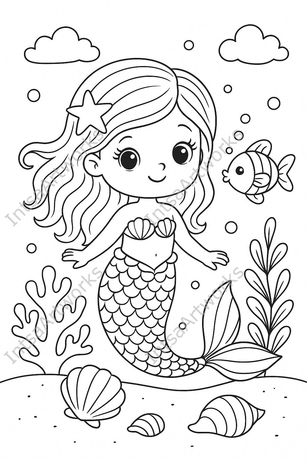 Sirenitas mágicas y amigos del océano – Pack de 10 páginas para colorear imprimibles para niños
