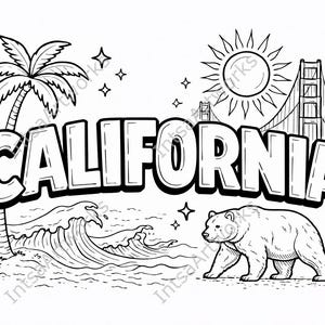May include: Black and white illustration of California featuring the word "CALIFORNIA" in bold letters. The image includes a palm tree, waves, a bear, the Golden Gate Bridge, a sun, and stars.