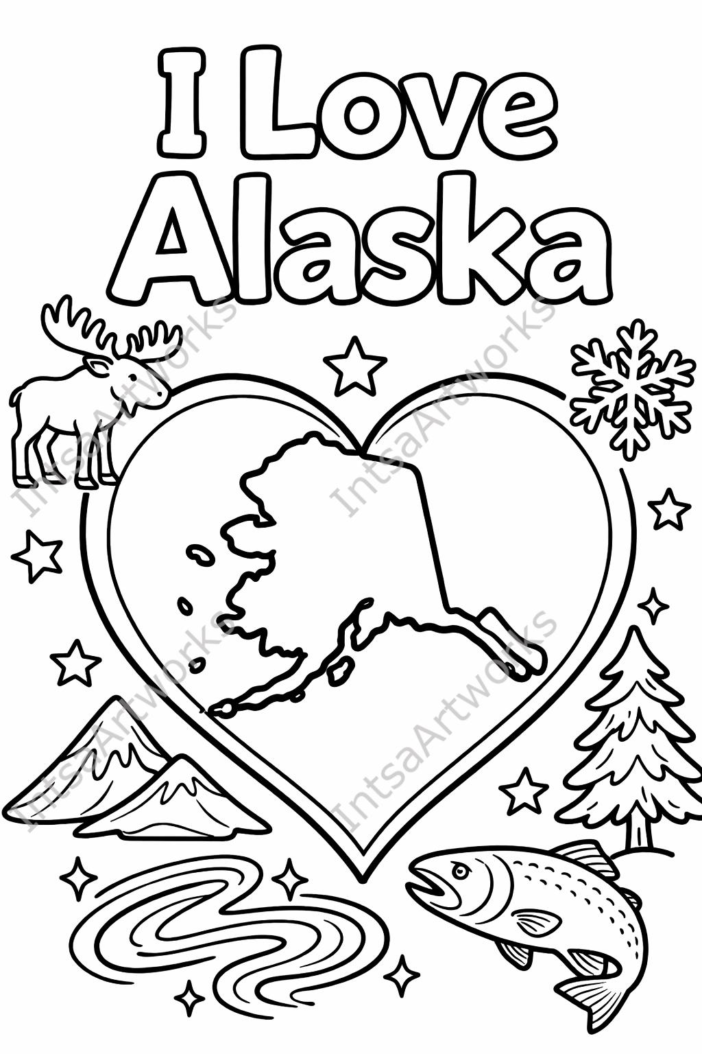 Alaska Coloring Pages for Kids – State Map, Symbols, Landmarks (digital ...
