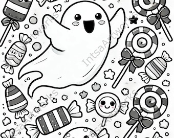 May include: A black and white illustration of a ghost flying through the air surrounded by candy. The candy includes lollipops, wrapped candies, and a candy cane.