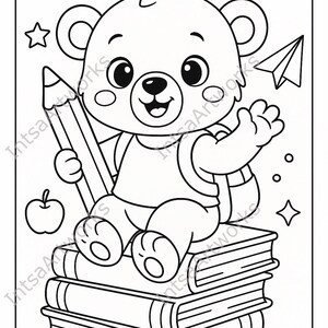 May include: Black and white illustration of a cartoon bear sitting on a stack of books, holding a pencil and waving. The image includes the letters "AB", a star, a paper airplane, an apple, and a cloud.