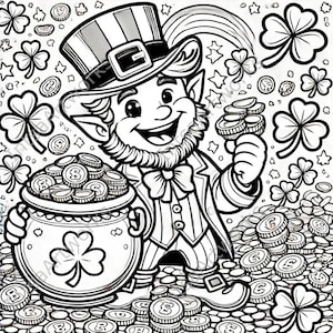 May include: A black and white cartoon illustration of a leprechaun holding a pot of gold coins and a stack of gold coins. The leprechaun is wearing a green hat with a gold buckle and a green vest. He is standing on a pile of gold coins.