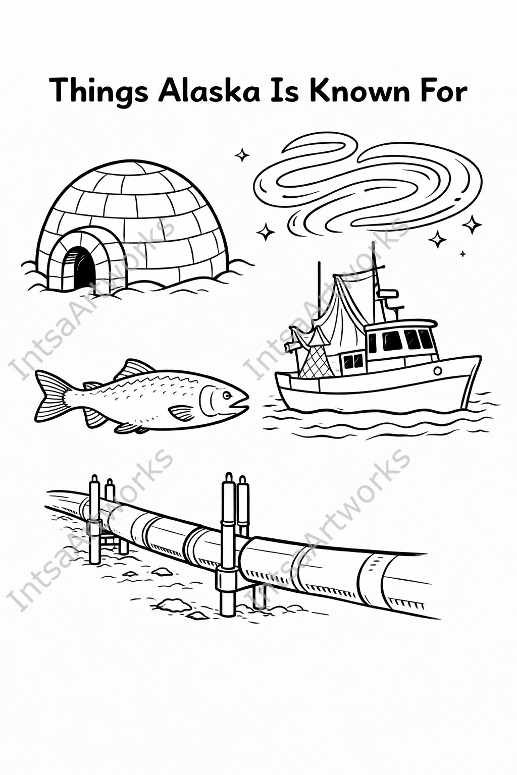 Alaska Coloring Pages for Kids – State Map, Symbols, Landmarks (digital ...