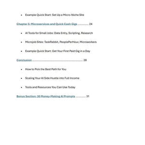 K&ouml;nnte beinhalten: Ein schwarz-wei&szlig;es Textdokument mit einer Liste von Themen und Seitenzahlen. Das Dokument tr&auml;gt den Titel "Microservices and Quick Cash Gigs" und enth&auml;lt Themen wie "Al Tools for Small Jobs", "Microjob Sites" und "How to Pick the Best Path for You".
