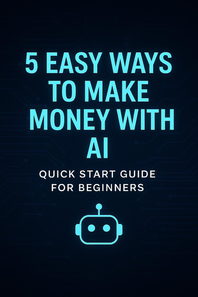 K&ouml;nnte beinhalten: Eine blaue und wei&szlig;e Grafik mit dem Text "5 Easy Ways To Make Money With AI Quick Start Guide For Beginners" und einem blauen Roboter-Symbol.