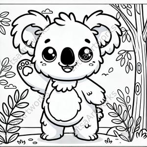 Pode incluir: Um desenho em preto e branco de um lindo coala com olhos grandes e um sorriso. O coala está em pé sobre suas patas traseiras e acenando com sua pata esquerda. O coala está cercado por desenhos simples de árvores e folhas.