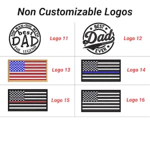 K&ouml;nnte beinhalten: Ein Raster aus sechs gestickten Aufn&auml;hern mit der &Uuml;berschrift Non Customizable Logos. Logo 11 ist ein runder Aufn&auml;her mit dem Text The Man The Myth The Legend und Best Dad. Logo 12 ist ein runder Aufn&auml;her mit dem Text Best Dad Ever. Die Logos 13-16 sind rechteckige Aufn&auml;her mit US-Flaggen.