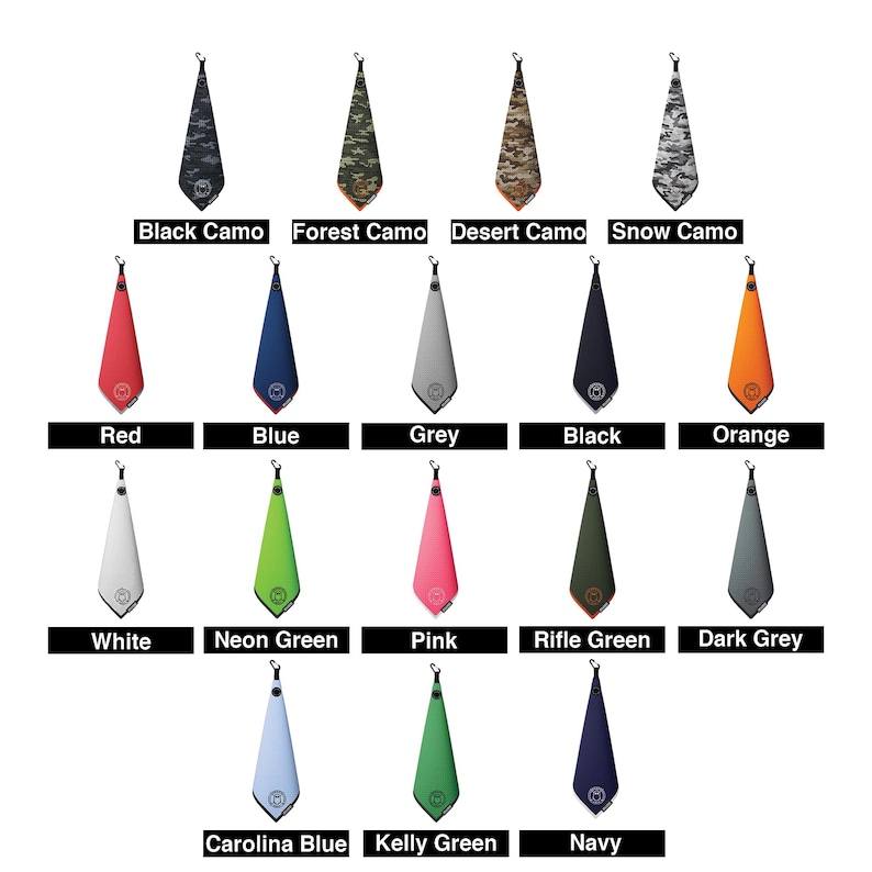 K&ouml;nnte beinhalten: Eine Sammlung von siebzehn dreieckigen Golft&uuml;chern mit Aufh&auml;ngeschlaufen in verschiedenen Farben und Mustern, darunter Black Camo, Forest Camo, Desert Camo, Snow Camo, Red, Blue, Grey, Black, Orange, White, Neon Green, Pink, Rifle Green, Dark Grey, Carolina Blue, Kelly Green und Navy.