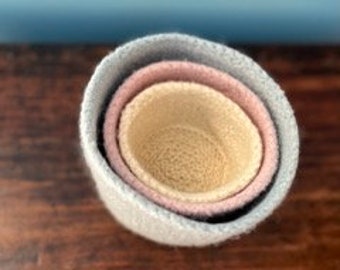 Felted Wool Nesting Bowls in Oatmeal, Baby Pink, Baby Blue