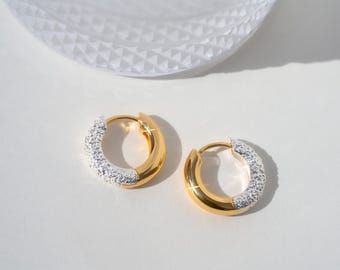 Mixed Metal Chunky Huggie Hoop Earrings: 18k Gold & Sterling Silver Double Side Wear