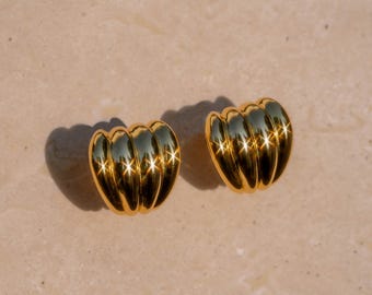 Ribbed Gold Huggie Earrings: Chunky Dome, Gold Plated Silver