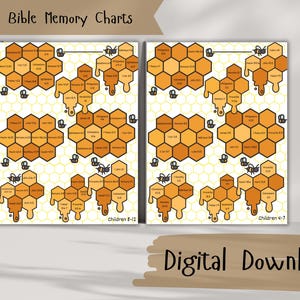 Puede incluir: Cartas de memoria bíblica editables con un diseño de panal de abejas. Las cartas presentan versículos de la Biblia para niños de 4 a 7 años y de 8 a 12 años. Cada versículo está escrito en una forma hexagonal con una ilustración de abeja.