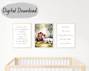 Kinderkamerprenten leeuw en lam: muurkunst bijbelvers (digitale download)