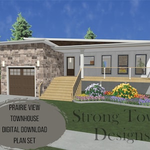 May include: Architectural rendering of a modern townhouse with a stone facade and a brown garage door. The house features a porch with a railing and a landscaped garden. Text on the image reads "Prairie View Townhouse Digital Download Plan Set."