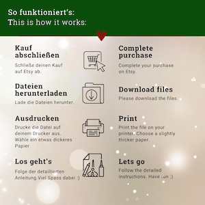 May include: An instructional graphic with a dark green header reading So funktioniert's: This is how it works. It lists four steps: Complete purchase, Download files, Print on thicker paper, and Follow instructions with icons of a cart, folder, printer, and tools.