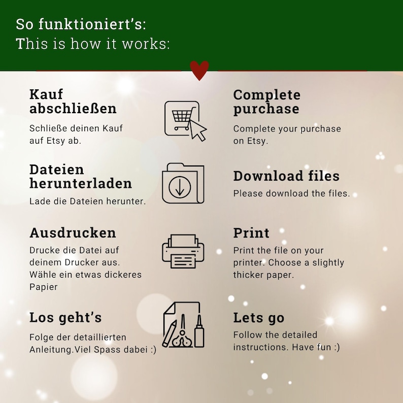 May include: An instructional graphic with a dark green header reading So funktioniert's: This is how it works. It lists four steps: Complete purchase, Download files, Print on thicker paper, and Follow instructions with icons of a cart, folder, printer, and tools.