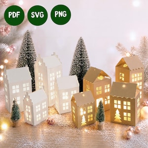 Papier Winterdorf SVG Vorlage Plotterdatei Lichthaus Weihnachten diy Adventskalender basteln Bastelanleitung Windlicht Druckvorlage PDF SVG