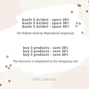 May include: A white graphic sign with gold confetti dots featuring the text: buy 2 products - save 20%, buy 3 products - save 30%, buy 5 products - save 40%. The discount is displayed in the shopping cart. The brand name FRELIMADE is at the bottom.