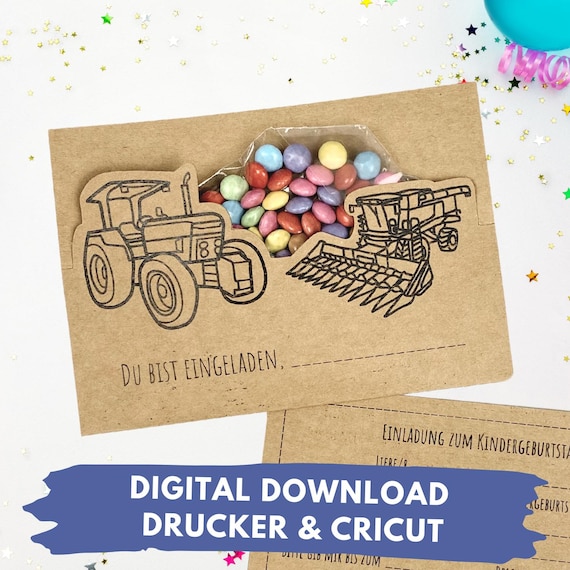 Traktor-Einladung Kindergeburtstag Druckvorlage für Cricut Plotterdatei Kindergeburtstag digitaler download PDF PNG