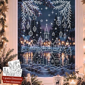 Plantilla para rotulador de tiza, imagen de ventana de pueblo invernal, decoración de invierno, plantilla de imagen de ventana DIY para imprimir