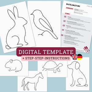 May include: Digital template with step-by-step instructions. The image features line drawings of a rabbit, bird, hamster, turtle, horse, and dog. The text "DIGITAL TEMPLATE + STEP-STEP-INSTRUCTIONS" is displayed on a burgundy banner.