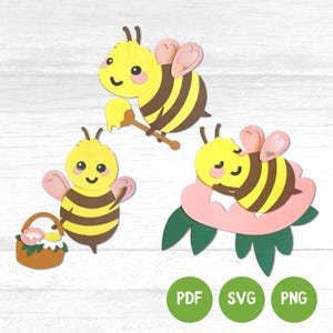 Könnte beinhalten: Drei süße Cartoon-Bienen mit schwarzen und gelben Streifen. Eine Biene hält einen Honiglöffel, eine andere trägt einen Blumenkorb und die dritte schläft auf einer rosa Blume.