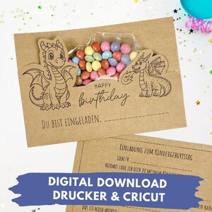 May include: A printable birthday party invitation featuring a brown background with a dragon design and the text "Happy Birthday" and "Du bist eingeladen".