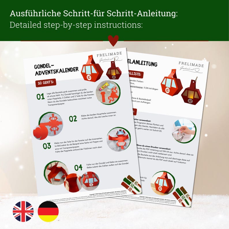 May include: Two white instructional sheets titled Gondel-Adventskalender by Frelimade, featuring step-by-step diagrams for assembling red paper gondola ornaments. The pages include numbered text instructions, small circular photos of the assembly process, and finished red gondola models with numbers 10 and 12.