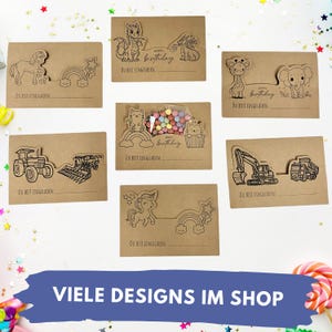 Bastelvorlage für eine Einladung zum Kindergeburtstag mit vielen unterschiedlichen Motiven.