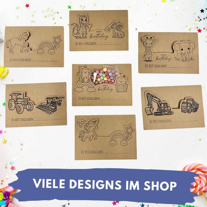 Bastelvorlage für eine Einladung zum Kindergeburtstag mit vielen unterschiedlichen Motiven.