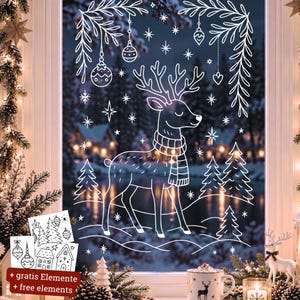 May include: A white window decal featuring a reindeer wearing a scarf, surrounded by hanging ornaments, pine trees, and stars. The design includes additional small cards with illustrations of trees, ornaments, and houses with the text + free elements.