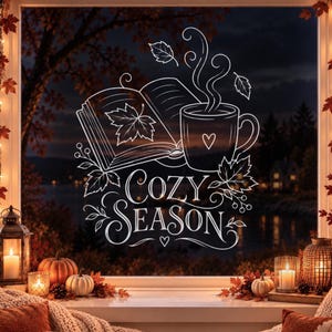 Może przedstawiać: Biała naklejka na okno z rysunkiem liniowym otwartej książki z liściem klonu, parującym kubkiem z sercem oraz napisem "COZY SEASON" ozdobną czcionką, otoczona opadającymi liśćmi i małymi gałązkami z jagodami.