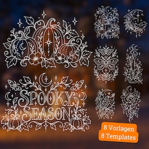 May include: A collection of white line art illustrations featuring pumpkins, moths, a crescent moon, a candle, a rose, and a raven. The text "SPOOKY SEASON" is displayed in a decorative font. An orange rectangular label reads "8 Templates".