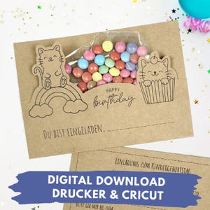 Modèle d'impression d'invitation d'anniversaire d'enfant de chat pour le fichier de traceur Cricut téléchargement numérique d'anniversaire d'enfant PDF PNG