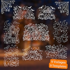Könnte beinhalten: Eine Sammlung von neun weißen Halloween-Strichzeichnungen mit Geistern, Kürbissen, Fledermäusen, einer Hexe, einer Katze und Spinnennetzen. Die zentralen Grafiken zeigen den Text Trick or Treat und Boo. Ein orangefarbenes Etikett enthält den Text 9 Vorlagen 9 Templates.
