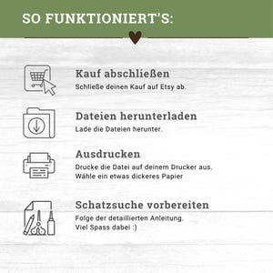 以下が含まれることがあります： 「SO FUNKTIONIERT'S:」のテキストと購入完了の手順が記載されたグラフィック。手順には、購入の完了、ファイルのダウンロード、印刷、宝探しの準備が含まれます。各ステップにはアイコンが付いています。