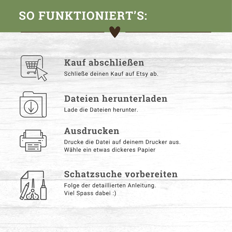 以下が含まれることがあります： 「SO FUNKTIONIERT'S:」のテキストと購入完了の手順が記載されたグラフィック。手順には、購入の完了、ファイルのダウンロード、印刷、宝探しの準備が含まれます。各ステップにはアイコンが付いています。