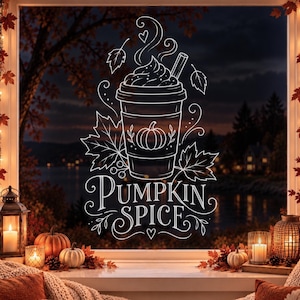 May include: A white line art window decal featuring a steaming cup of coffee topped with whipped cream, a pumpkin icon, and the text PUMPKIN SPICE in a decorative script font, surrounded by stylised autumn leaves and swirling flourishes.