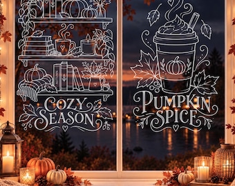 May include: White line art window decals featuring shelves with books, pumpkins, candles, and plants on the left, and a large cup of coffee with the text PUMPKIN SPICE on the right. Below the shelves, the text COZY SEASON is displayed in script.