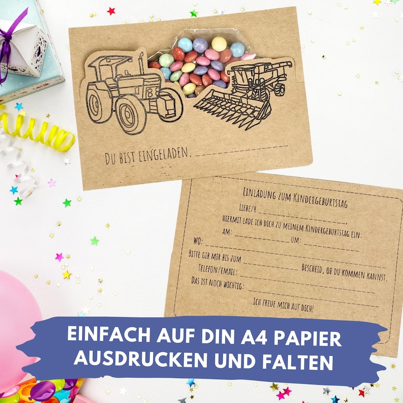 Bastelvorlage für eine Einladung zum Kindergeburtstag mit Katzen-Motiv. Dieses Bild zeigt die Vorder- und Rückseite der Einladungskarte