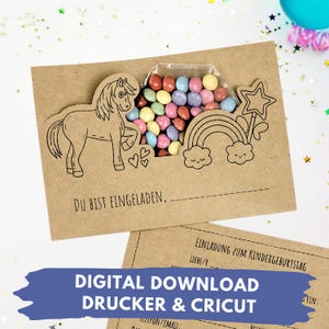 Plantilla de impresión de invitación de cumpleaños infantil de caballo para archivo de plotter Cricut descarga digital de cumpleaños infantil PDF PNG
