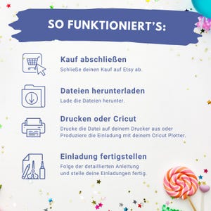 So funktioniert's: 1. Kauf auf Etsy anschließen, 2. Datei herunterladen, 3. Datei Ausdrucken oder mit dem Cricut Plotter herstellen. 4. Einladung fertigstellen